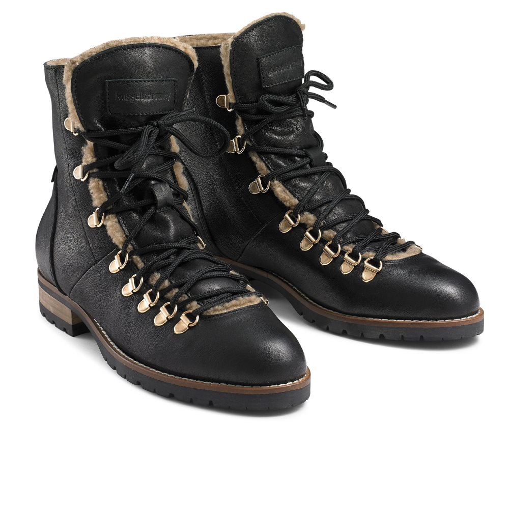 Black Russell & Bromley Bear Warm Lined Lace Up Women's Ankle Boots | PH-4-PLZK