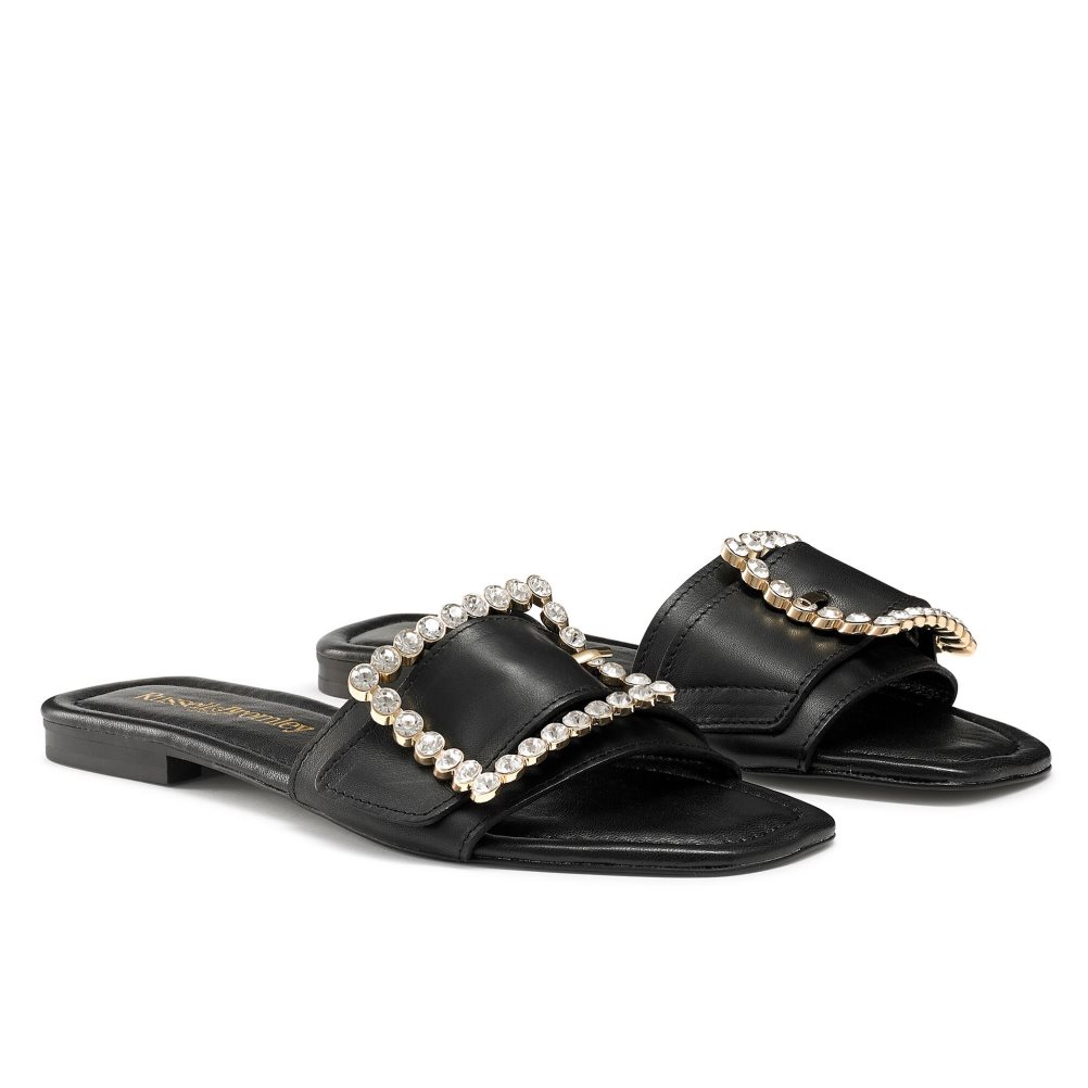 Black Russell & Bromley Cindy Jewelled Buckle Women's Flat Sandals | PH-3-KOWR