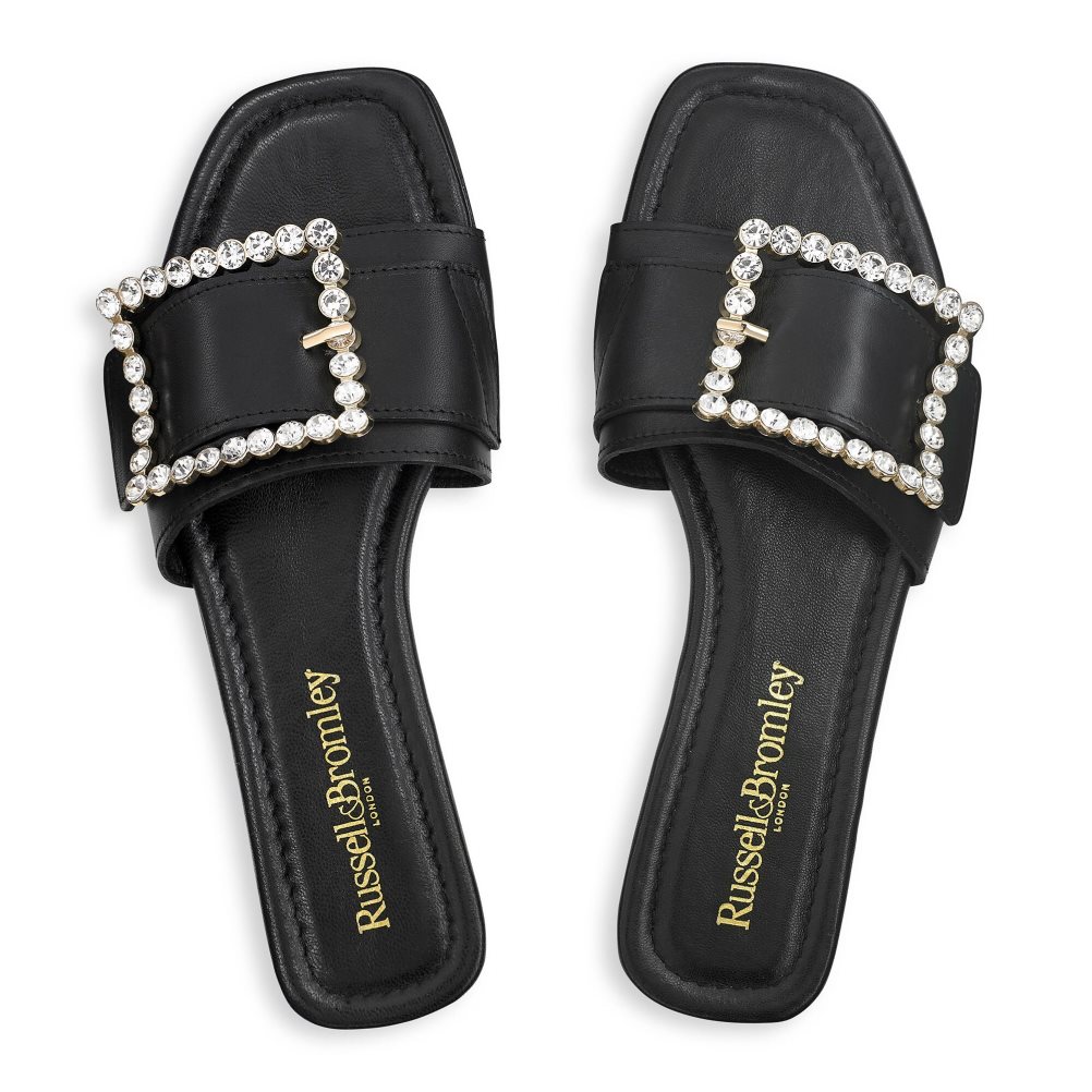 Black Russell & Bromley Cindy Jewelled Buckle Women's Flat Sandals | PH-3-KOWR