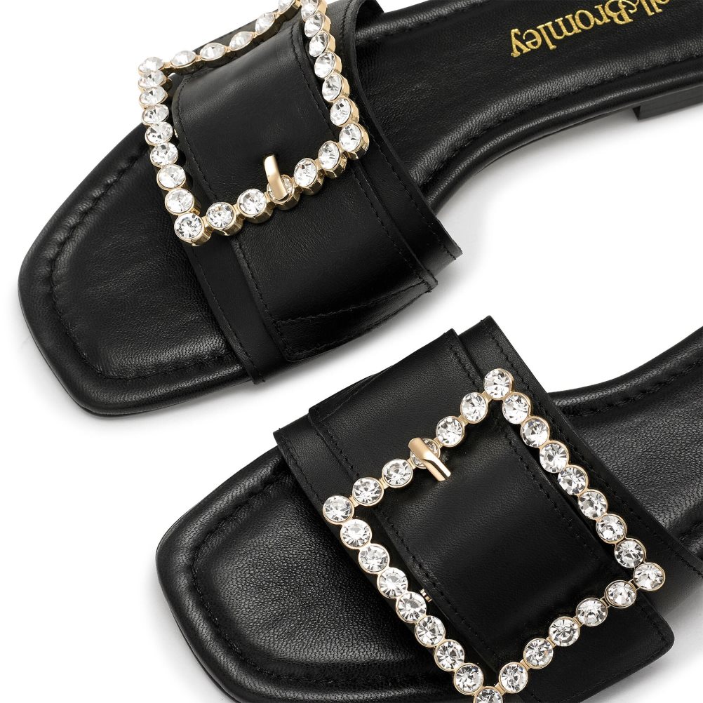 Black Russell & Bromley Cindy Jewelled Buckle Women's Flat Sandals | PH-3-KOWR