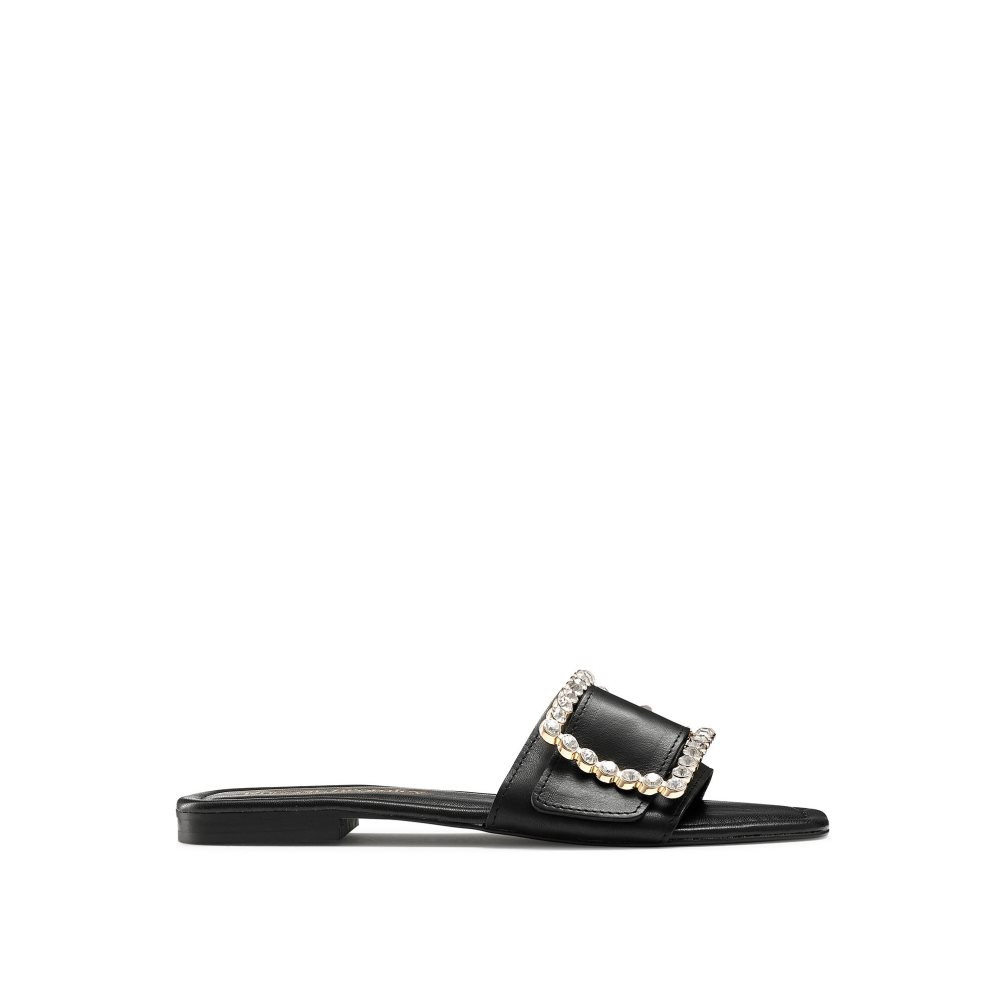 Black Russell & Bromley Cindy Jewelled Buckle Women\'s Flat Sandals | PH-3-KOWR