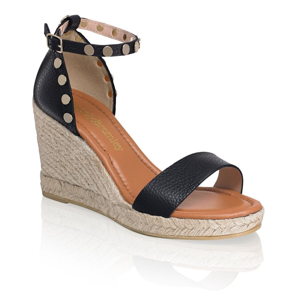 Black Russell & Bromley Coin Spin Stud Espadrille Women's Wedges | PH-9-IXPS