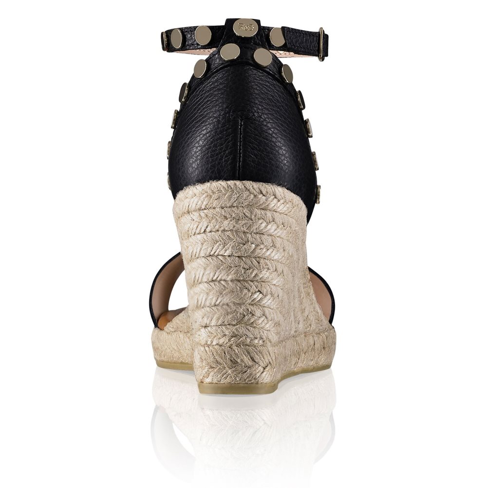 Black Russell & Bromley Coin Spin Stud Espadrille Women's Wedges | PH-9-IXPS