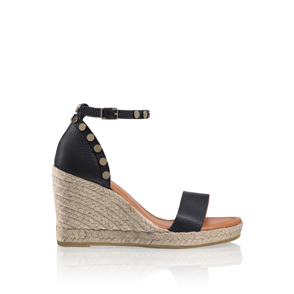 Black Russell & Bromley Coin Spin Stud Espadrille Women\'s Wedges | PH-9-IXPS