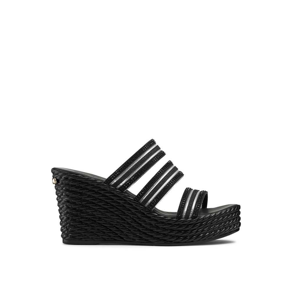 Black Russell & Bromley Cosmic Triple Strap Women\'s Wedges | PH-7-MEAN