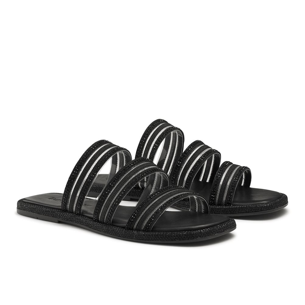 Black Russell & Bromley Cosmical Embellished Women's Flat Sandals | PH-0-PAON