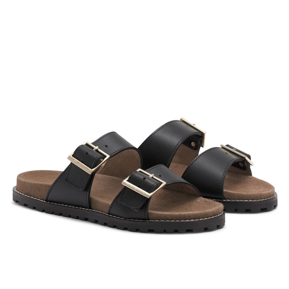 Black Russell & Bromley Double Buckle Women's Slippers | PH-4-DRNH