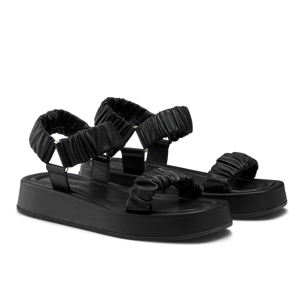 Black Russell & Bromley Scrunch Up Ruched Two Part Women's Flat Sandals | PH-5-KVPQ