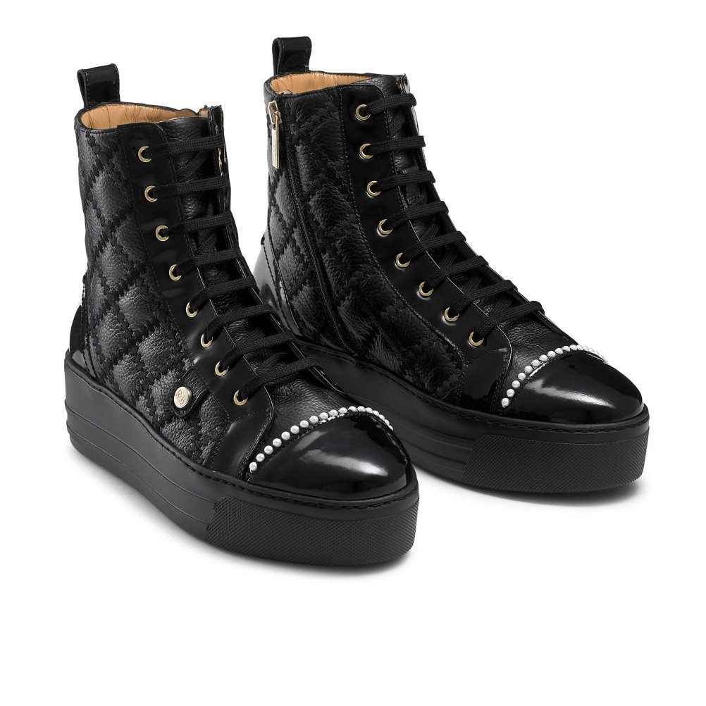 Black Russell & Bromley Stitch Top Quilted High Top Women's Trainers | PH-3-WGPS