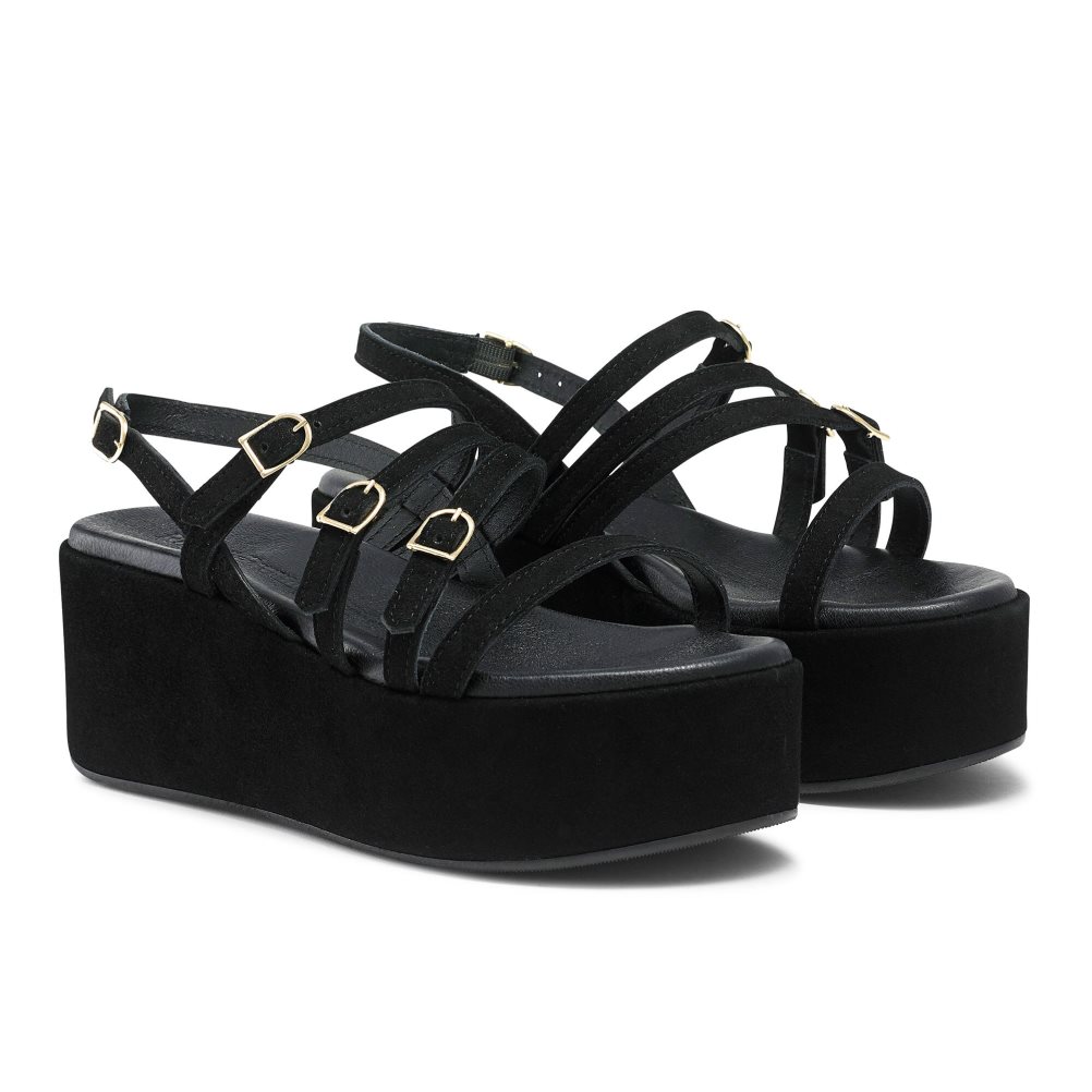 Black Russell & Bromley Sunshine Buckle Women's Wedges | PH-8-KNQD