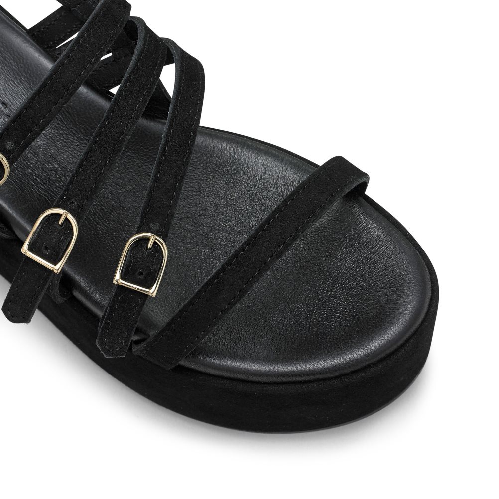 Black Russell & Bromley Sunshine Buckle Women's Wedges | PH-8-KNQD