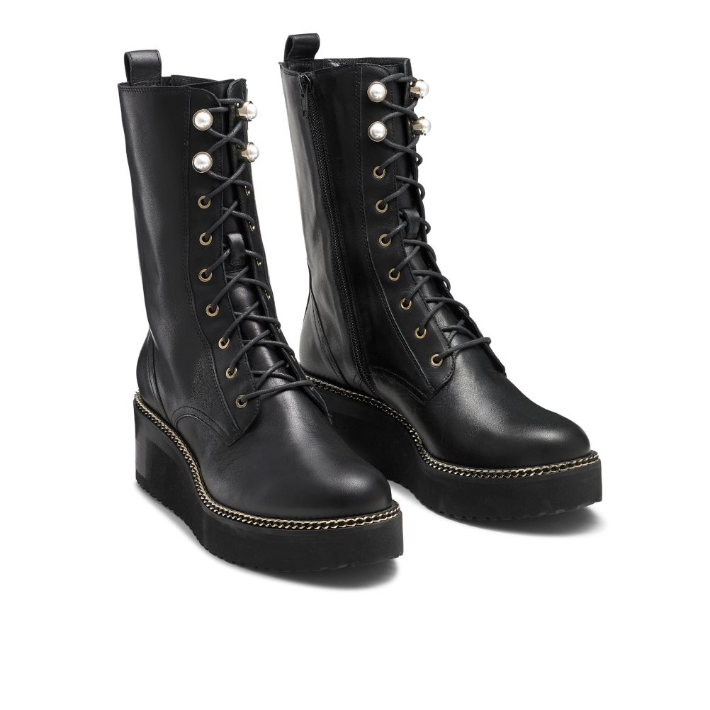 Black Russell & Bromley Wedge Fund Lace Up Women's Wedge Boots | PH-4-JQUA