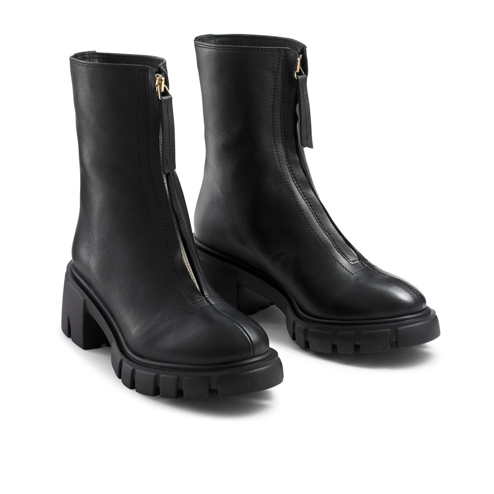 Black Russell & Bromley Zipabout Zip Front Women's Chunky Boots | PH-3-IXZU