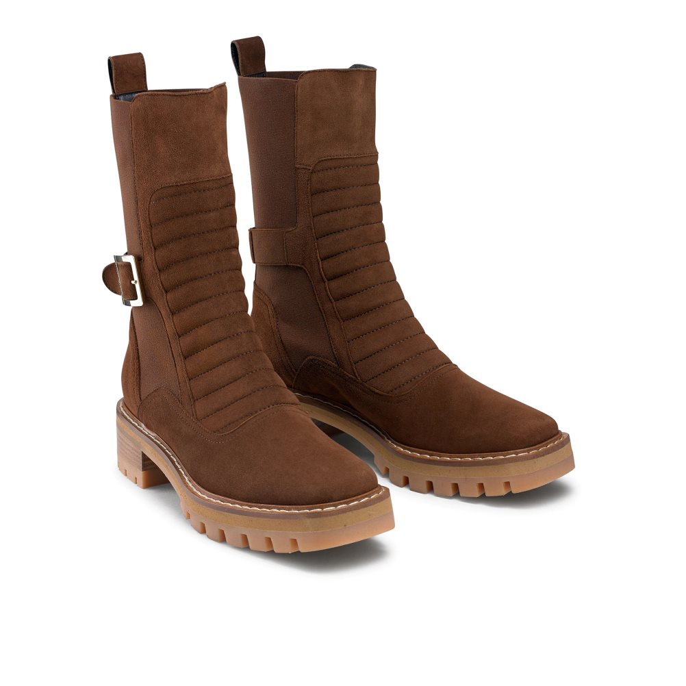 Brown Russell & Bromley Pillion Square Toe Women's Biker Boots | PH-9-YIET