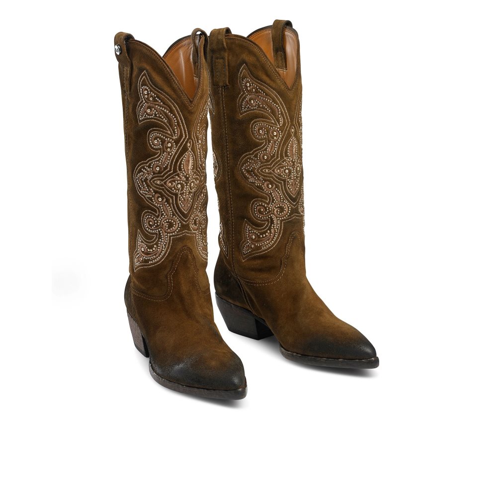 Brown Russell & Bromley Wildwest Embroidered Western Women's Knee-high Boots | PH-5-CDPQ