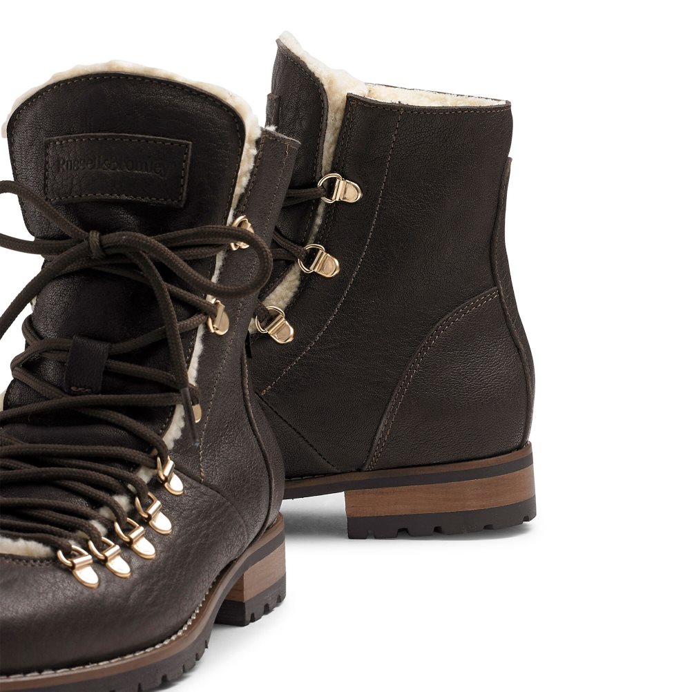 Dark Brown Russell & Bromley Bear Warm Lined Lace Up Women's Ankle Boots | PH-4-WDMV