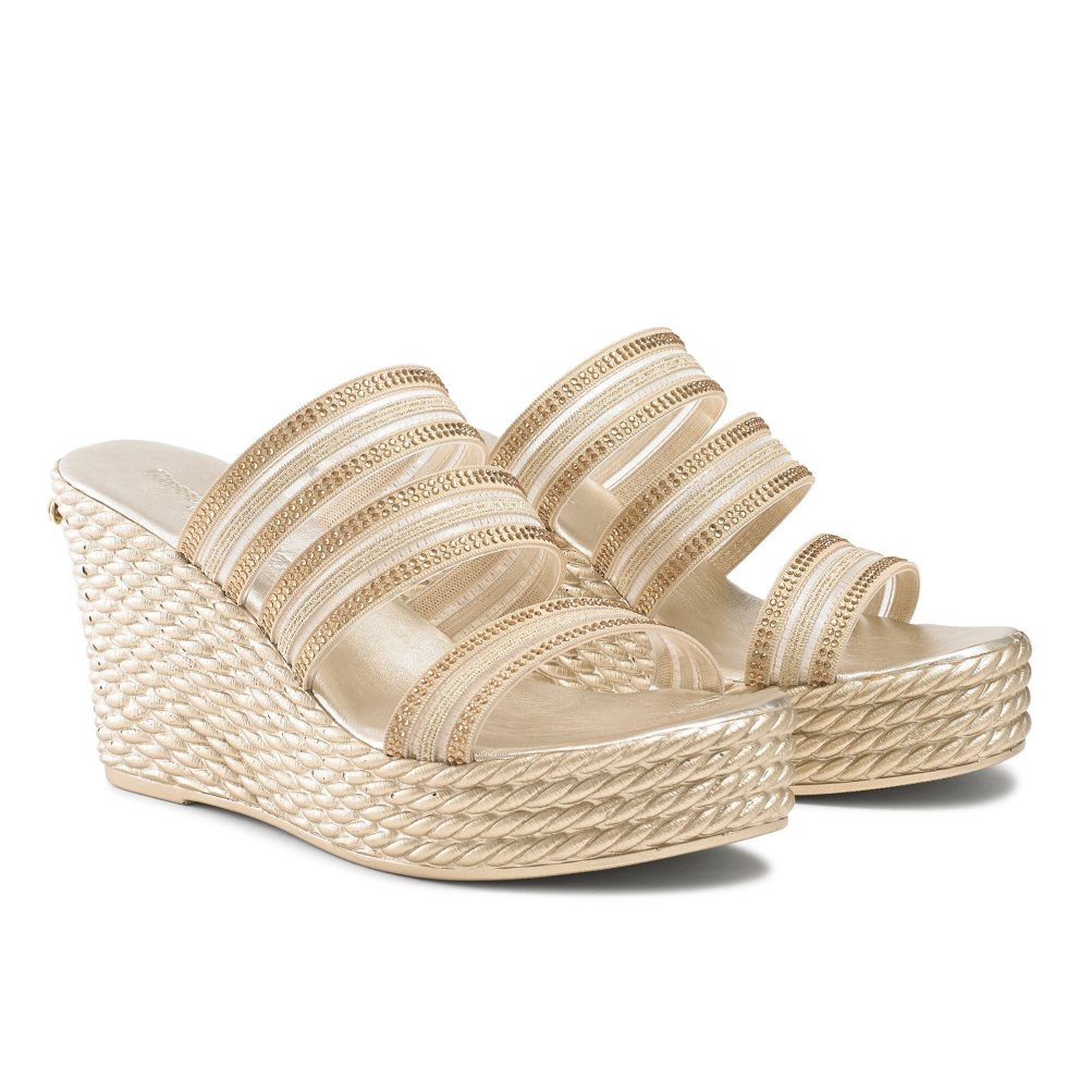 Gold Russell & Bromley Cosmic Triple Strap Women's Wedges | PH-6-GMXR