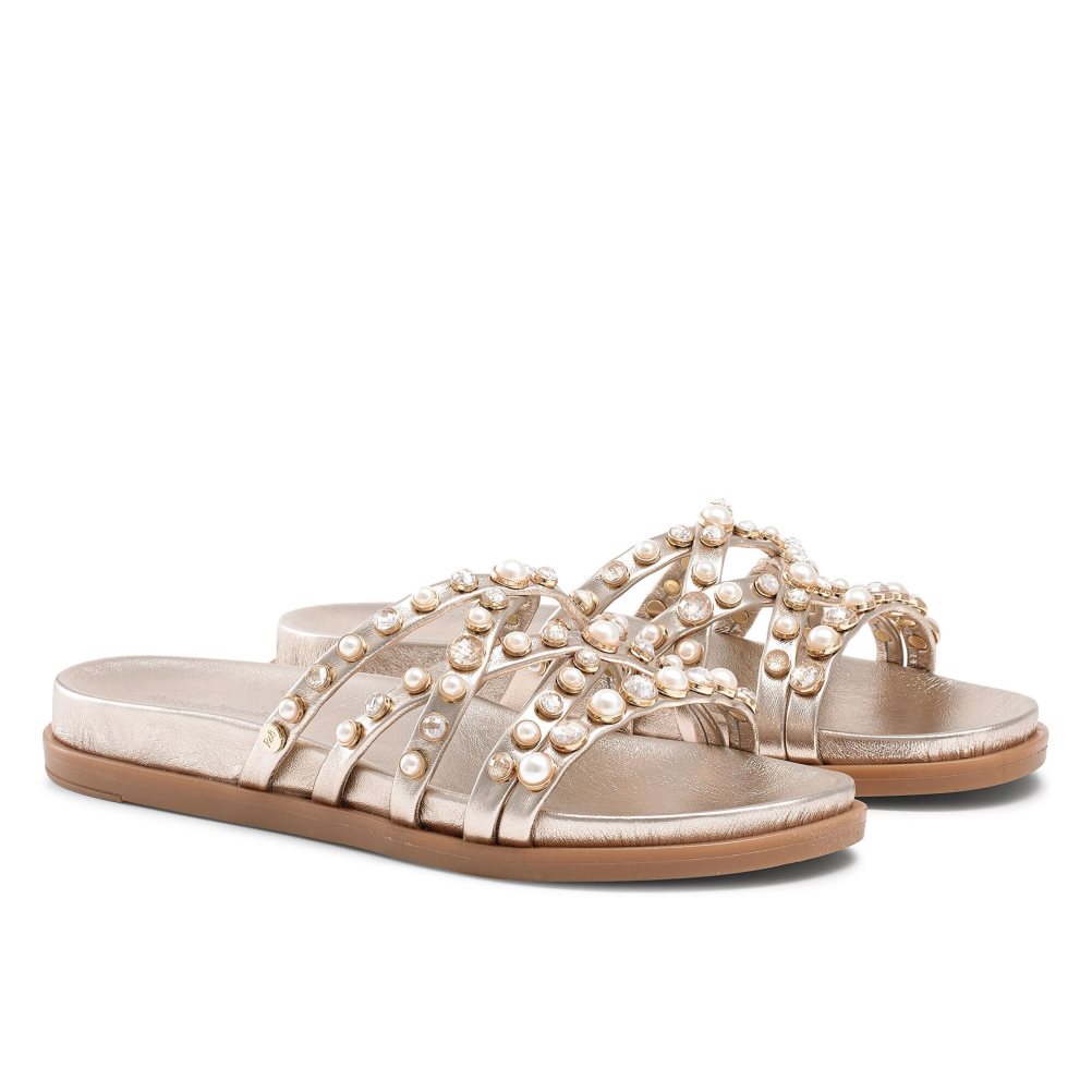 Gold Russell & Bromley Fancy Embellished Women's Flat Sandals | PH-8-QUOF