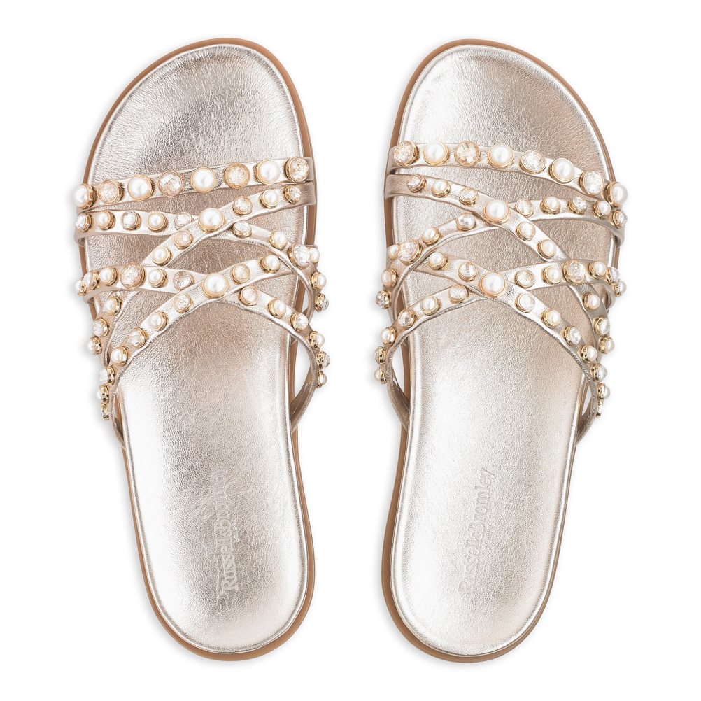 Gold Russell & Bromley Fancy Embellished Women's Flat Sandals | PH-8-QUOF