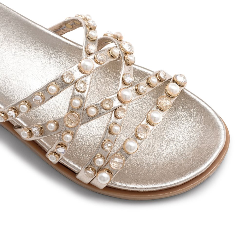 Gold Russell & Bromley Fancy Embellished Women's Flat Sandals | PH-8-QUOF