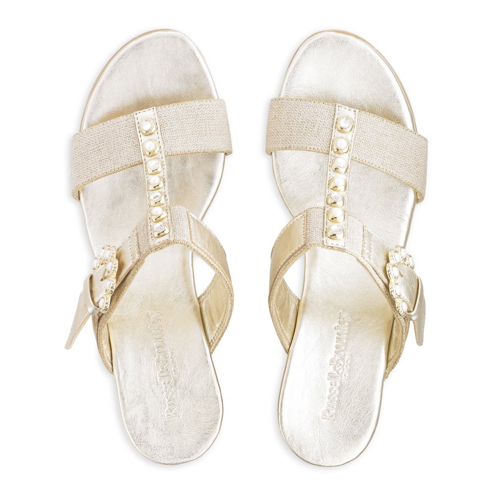 Gold Russell & Bromley Orbit Pearl Embellished Women's Wedges | PH-9-EHIK