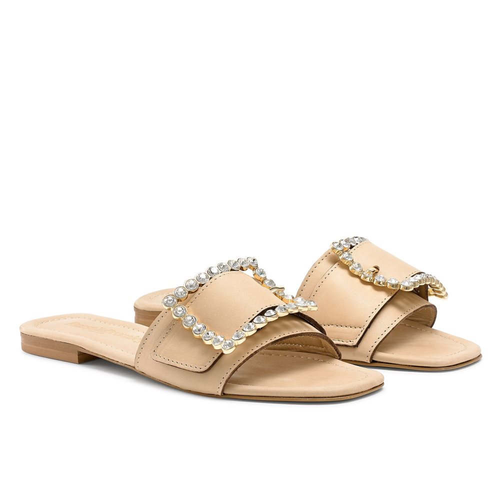 Light Brown Russell & Bromley Cindy Jewelled Buckle Women's Flat Sandals | PH-4-CJXU