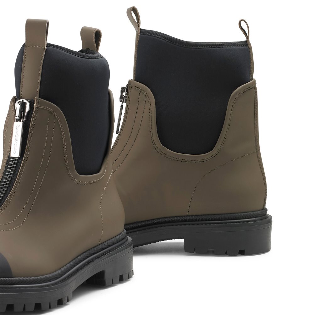 Olive / Black Russell & Bromley Rambler Dryleks Zip Front Stomper Women's Ankle Boots | PH-7-HTEC