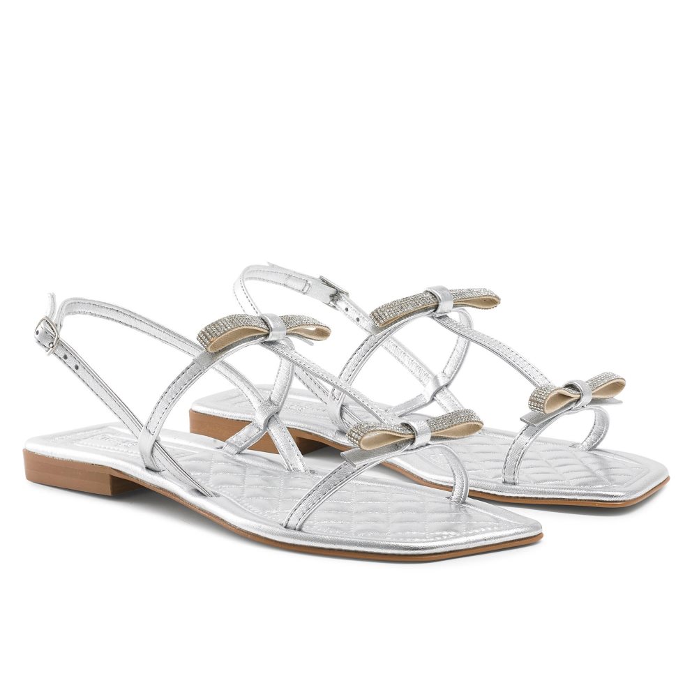 Silver Russell & Bromley Beau Beau Double Bow Women's Flat Sandals | PH-5-CWOD