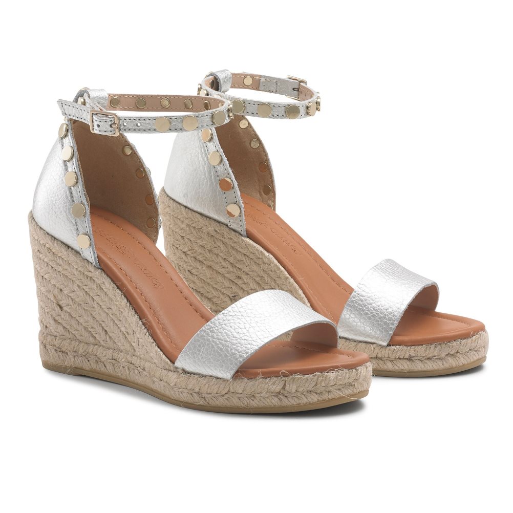 Silver Russell & Bromley Coin Spin Stud Espadrille Women's Wedges | PH-7-JBWV