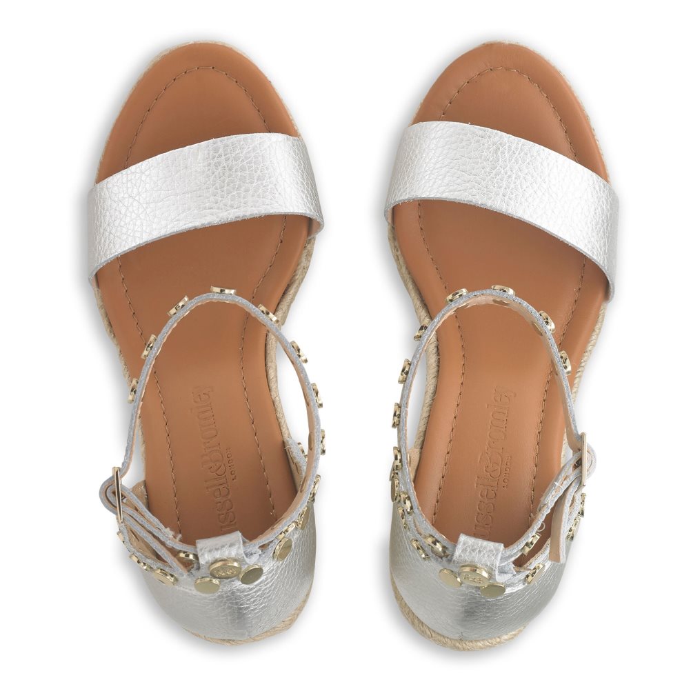 Silver Russell & Bromley Coin Spin Stud Espadrille Women's Wedges | PH-7-JBWV