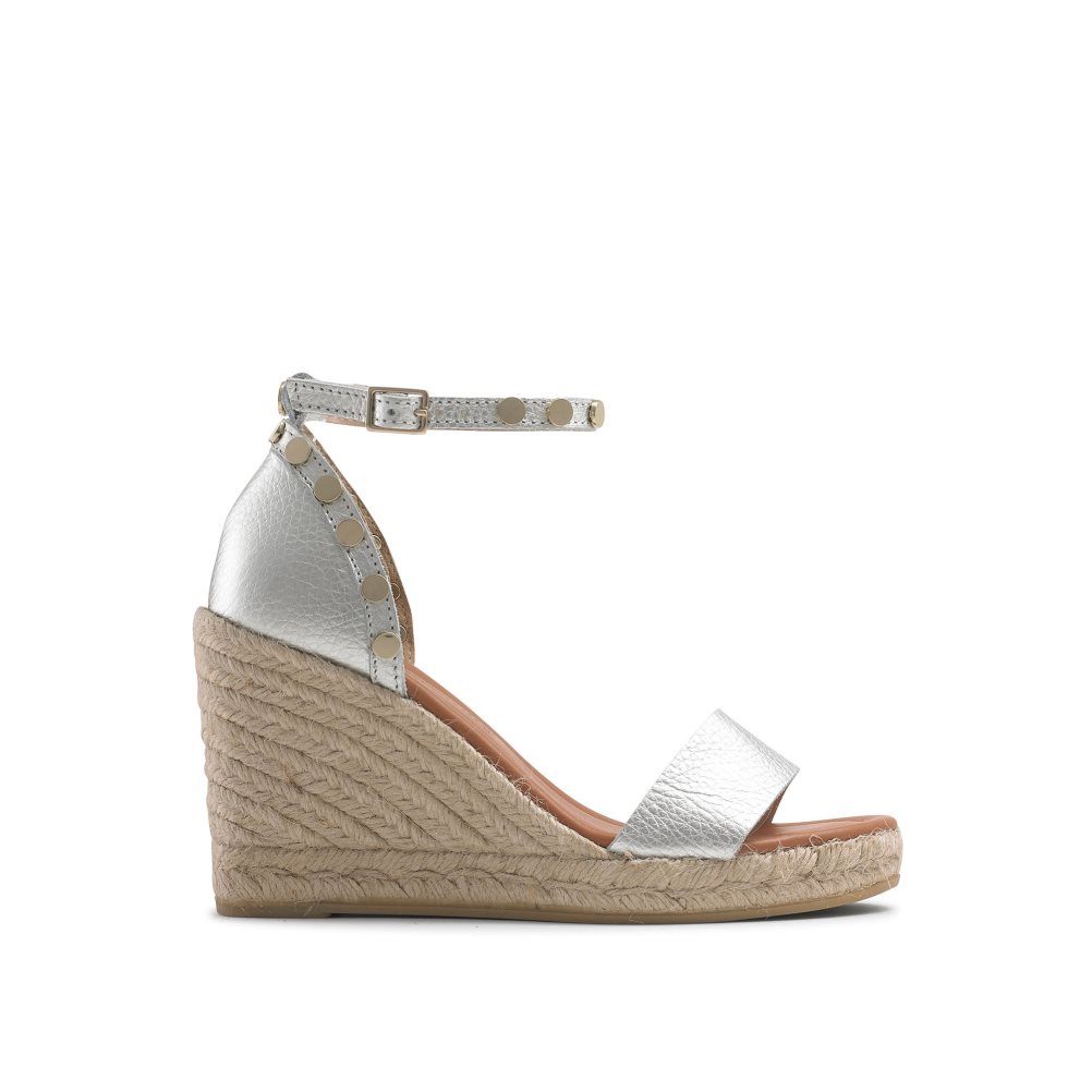 Silver Russell & Bromley Coin Spin Stud Espadrille Women\'s Wedges | PH-7-JBWV