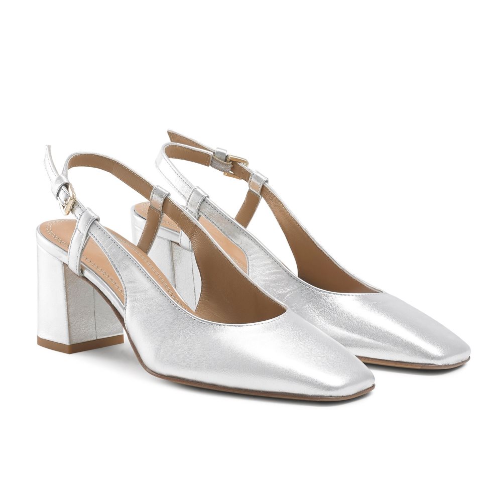 Silver Russell & Bromley Sugar Pie Slingback Block Women's Heels | PH-7-REXW