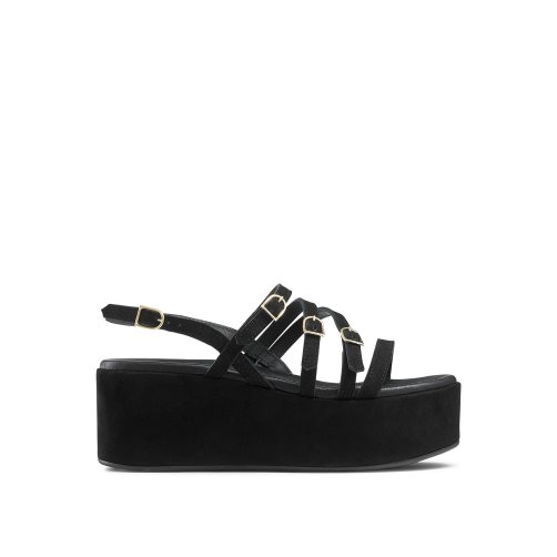 Black Russell & Bromley Sunshine Buckle Women's Wedges | PH-8-KNQD